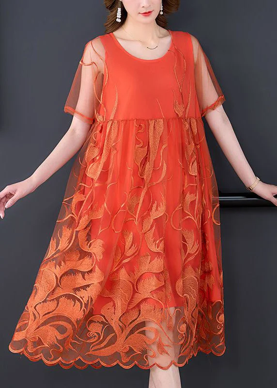 Casual Orange Embroideried Patchwork Tulle Long Dress Summer