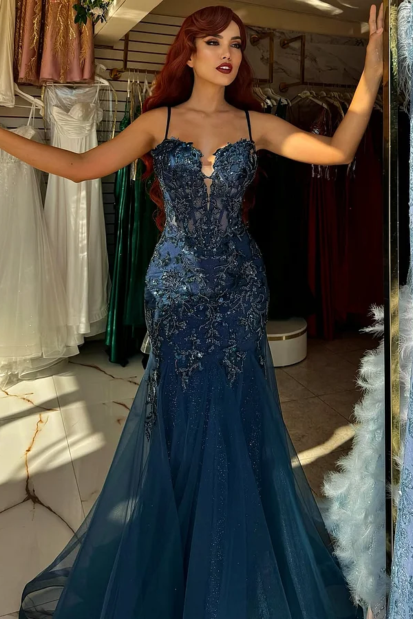 Daisda Sleeveless Spaghetti Straps Beads Embroidery Mermaid Prom Dress