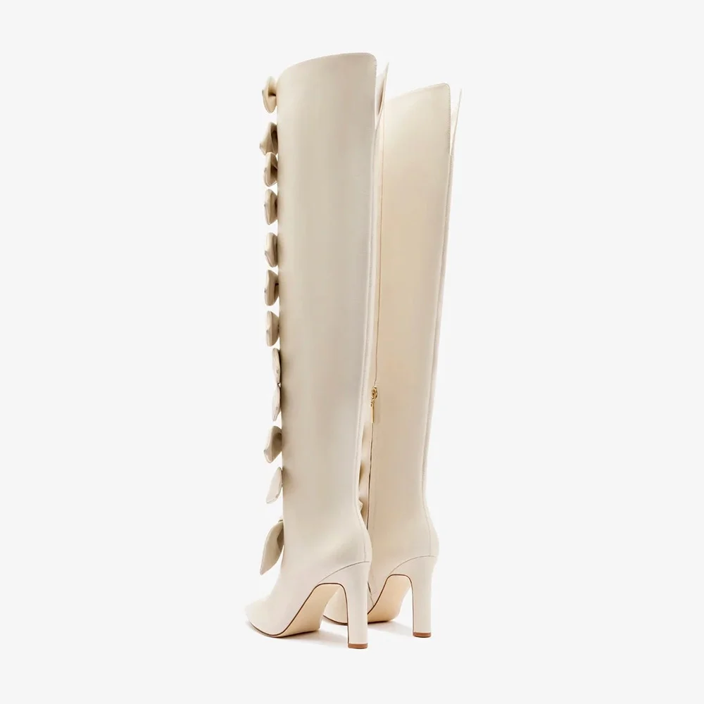 Ivory Pointed Toe Wide Calf Chunky High Heeled Tall Boots with Bows