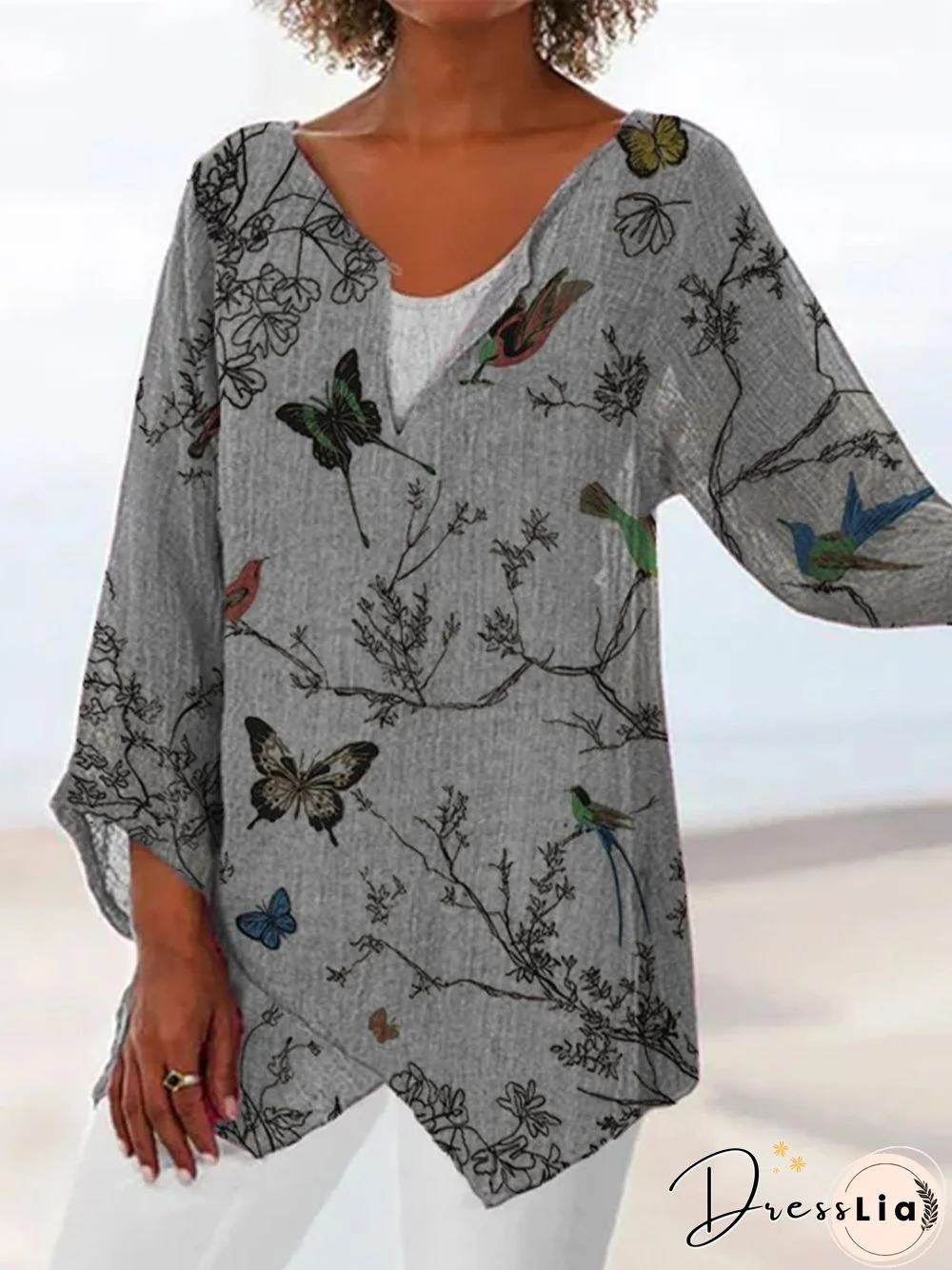 Casual Floral Bird Butterfly V Neck Plus Size Printed Tops