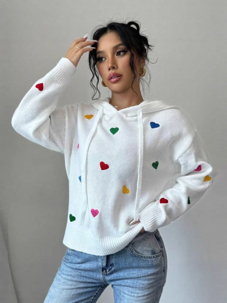 Athvotar Athvotar And Winter Women's Sweater Fashion Color Love Hooded Long-Sleeved Knitted Shirt