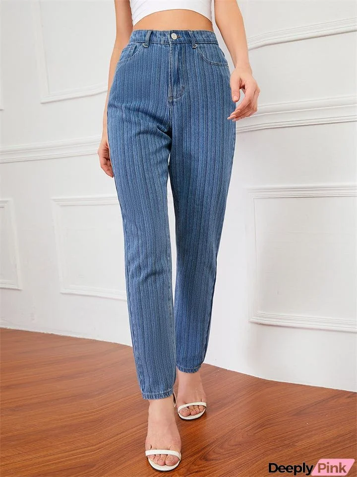 Street Style Washed Effect Stripe Denim Jeans for Women