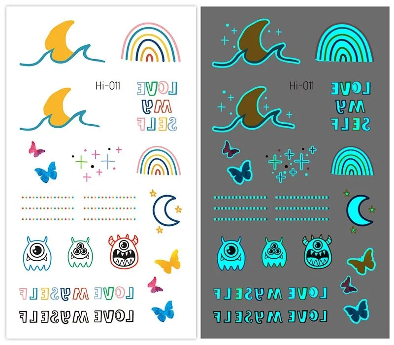 15 kinds Cute Small Blue Light Luminous Temporary Tattoo Face Hand Sticker Party Disposable Noctilucent tatouage temporaire