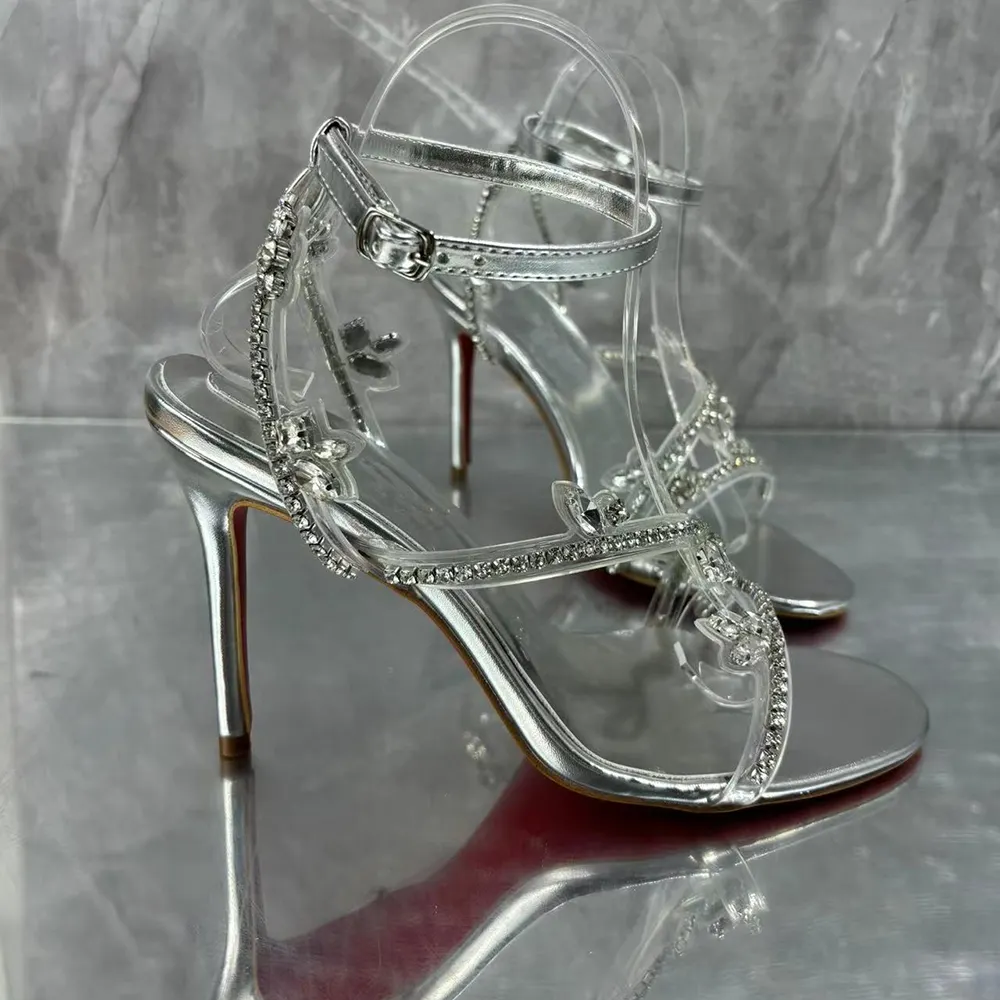 100mm Spotlight Wavy Straps Sandals Red Bottom Stilettos Rhinestones Sandals -vocosishoes