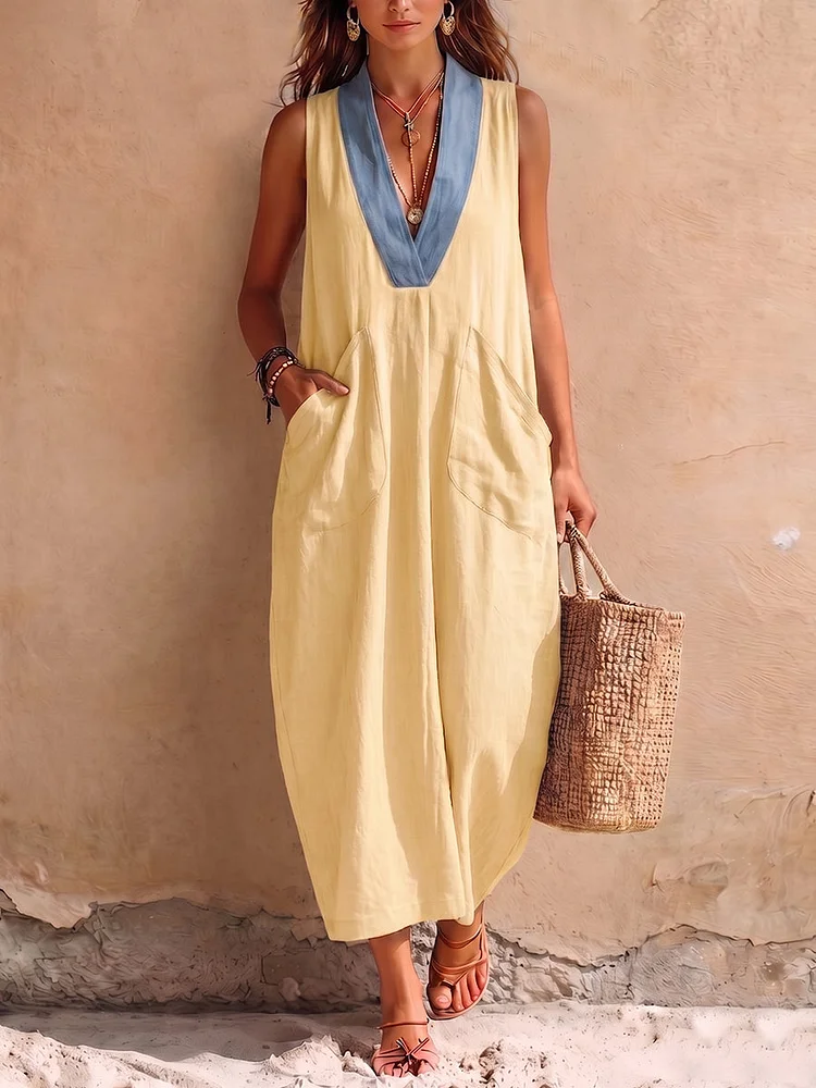 Elegant Color-block V-neck Cotton-linen Dress