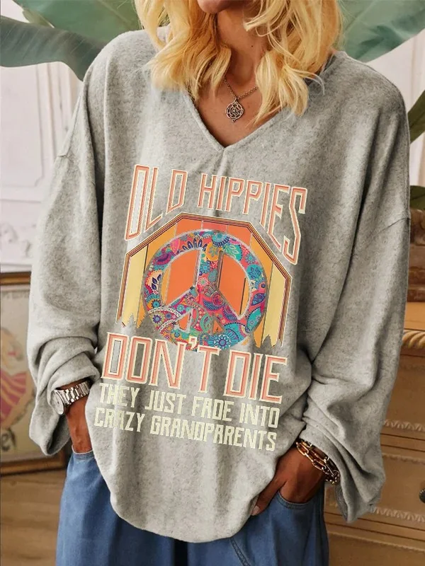 Women's Old Hippies Don't Die Creative Print V-Neck T-Shirt