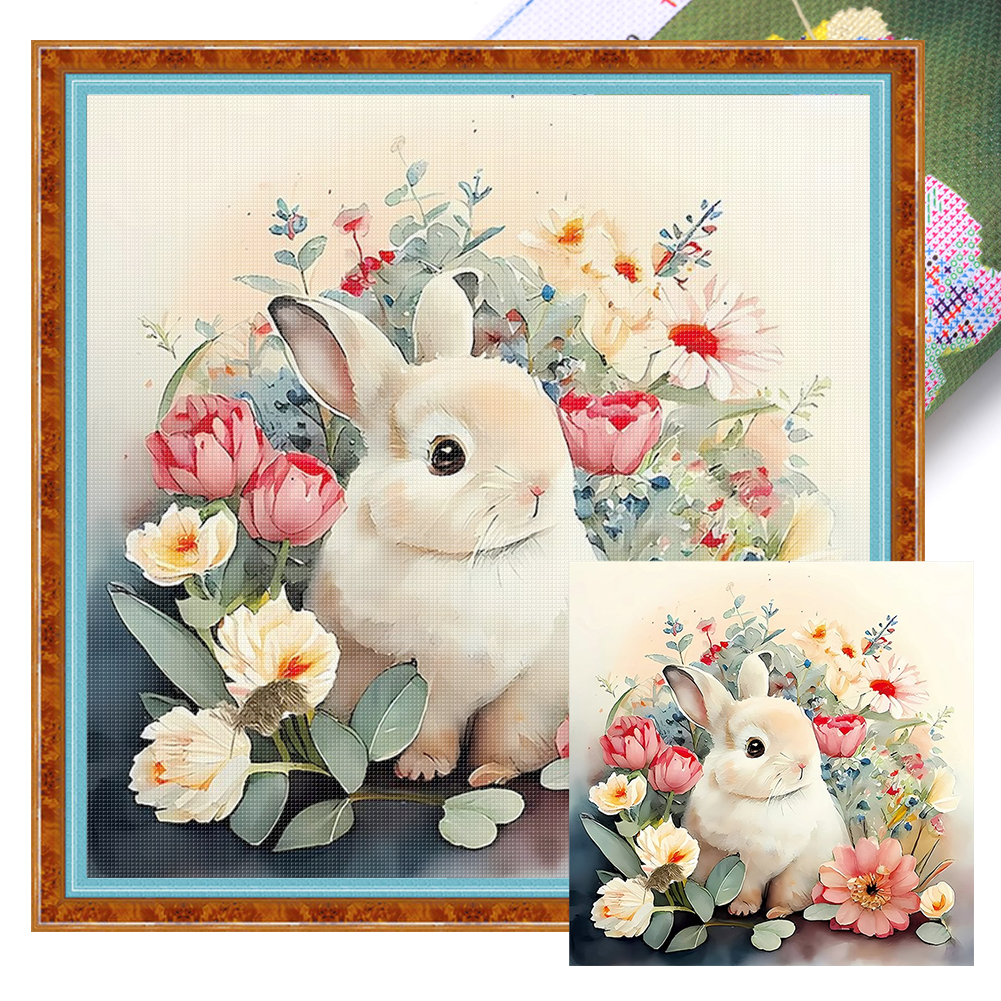 Bunny among flowers Full 11CT Pre-stamped Canvas(50*50cm) Cross Stitch
