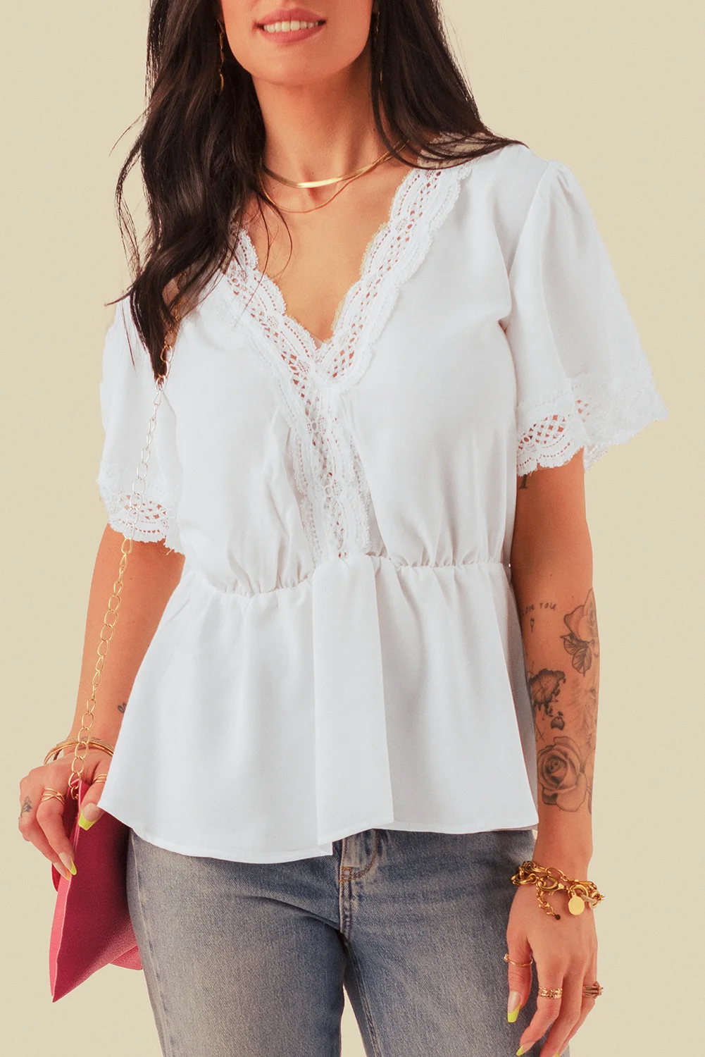 White Lace Splicing V Neck Short Sleeve Blouse | IFYHOME