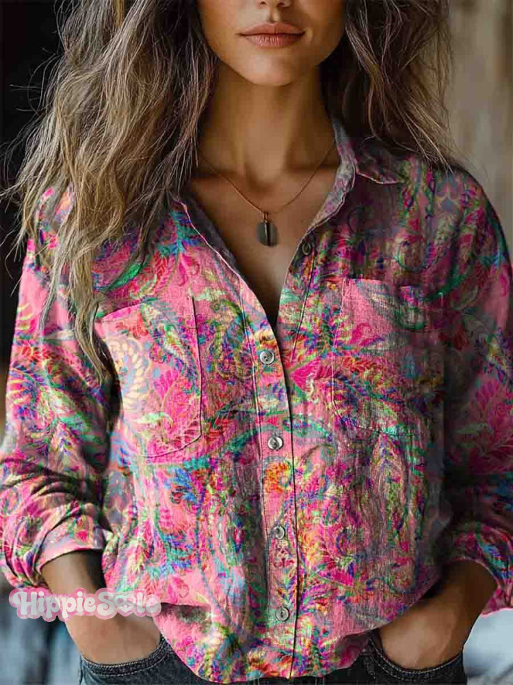 Women’s Vintage Folk Floral Art Print Long Sleeve Comfortable Cotton Shirt Multicolor / S