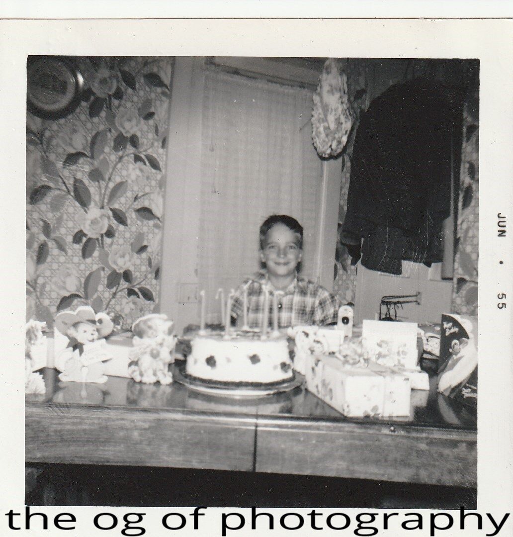 FOUND Photo Poster painting Original b and w Snapshot BIRTHDAY BOYCAKE D 84 5