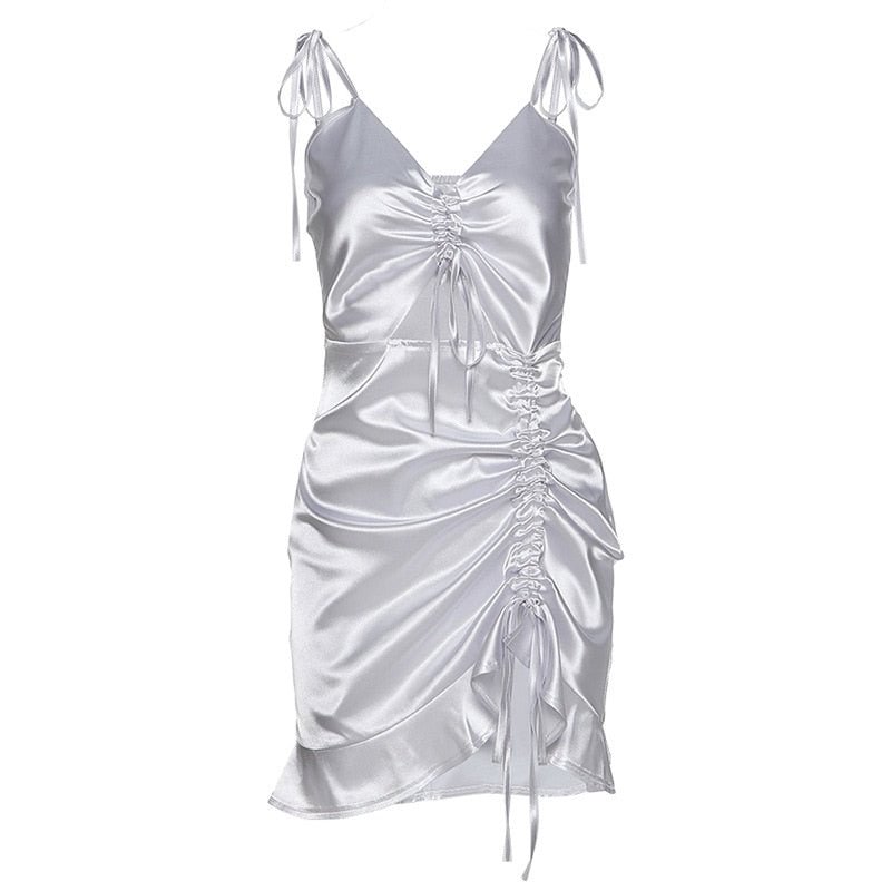 Cryptographic Women's Satin Dresses Lace up Ruffle Hollow out Long Sleeve Ruched Mini Dress Fashion Autumn 2021 Ladies Clubwear