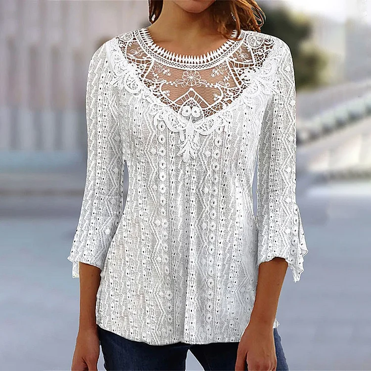 Comfortable Casual Hollowed Out Perspective Lace Patchwork 3/4 Sleeve T-Shirt