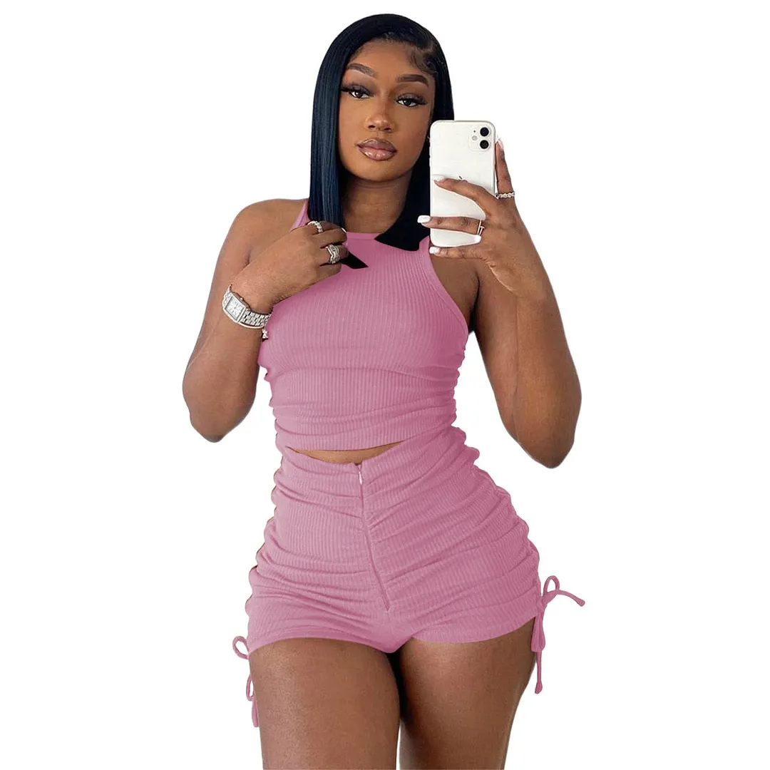 Women Summer Shorts Sets Casual Solid Color Two Pieces Ribbed Sports Suits Sleeveless Crop Tank Tops High Waist Zip Shorts