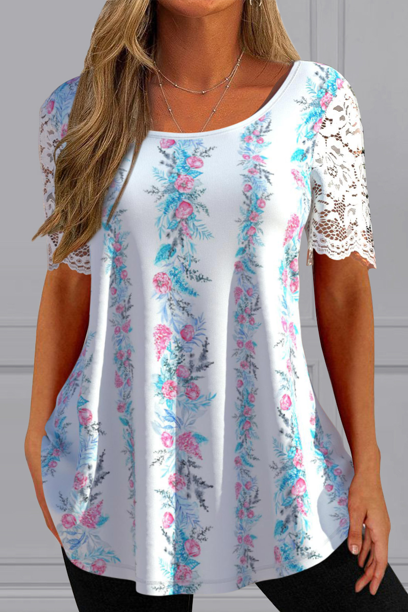 Plus Size Floral Print Short Lace Sleeve Round Neck Casual Blouses
