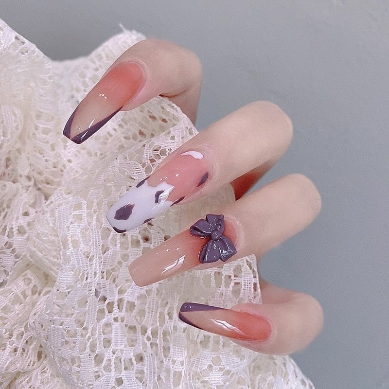 24pcs Bow Love Heart Printed Design False Nails Patch with Glue Women Manicure False Nails Patch with Glue Press On Nails Tips 514-1