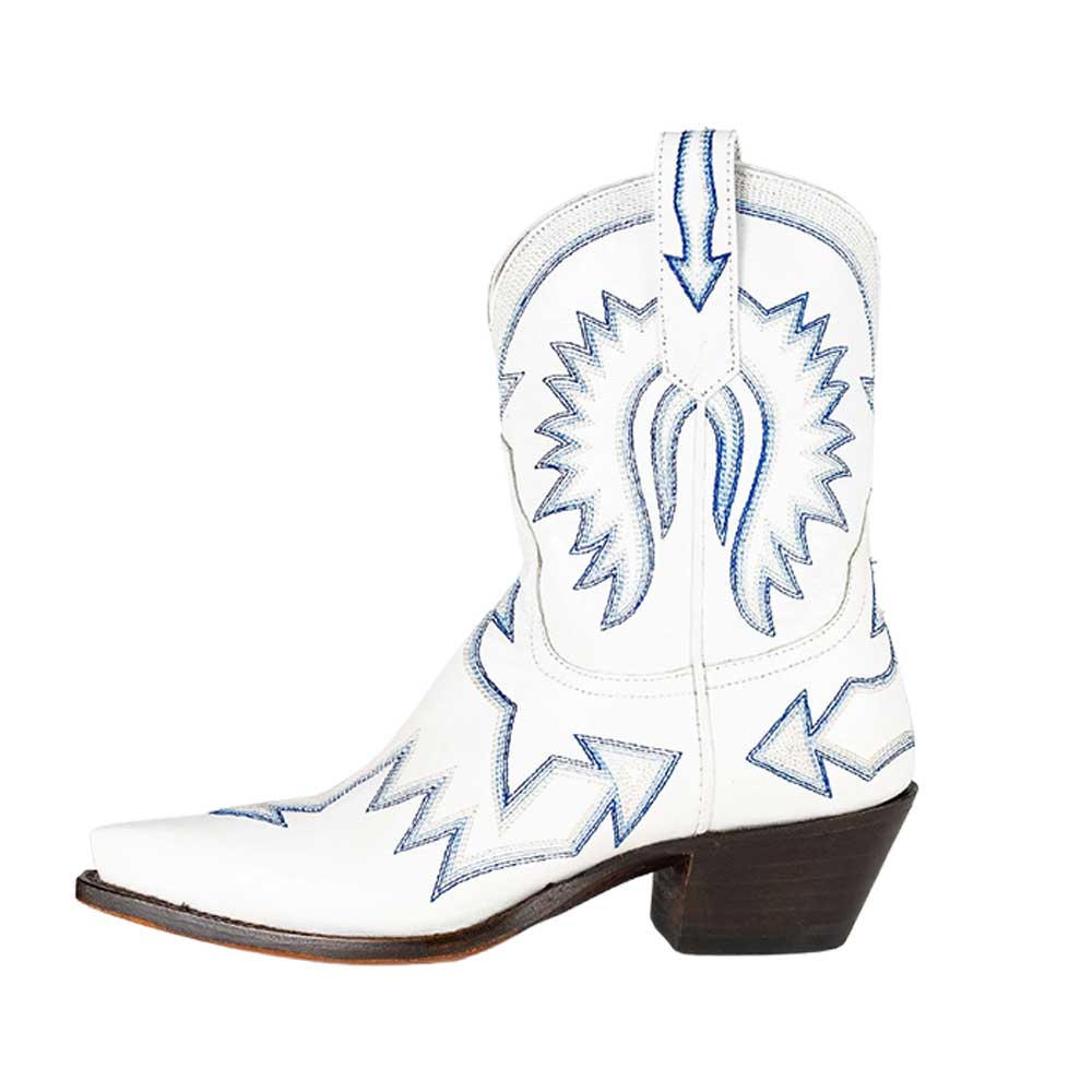White Snip Toe Blue Embroidered Chunky Heel Western Ankle Boots