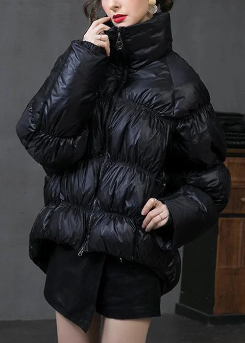 Black Wrinkled Duck Down Coat Stand Collar Long Sleeve
