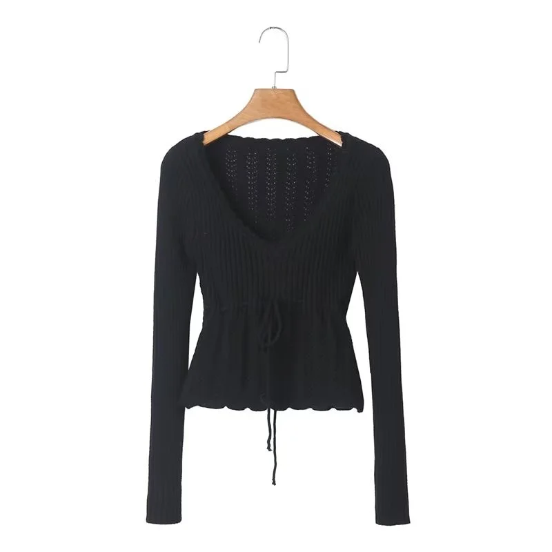 Nncharge Retro French Style V Neck Crop Pointelle Knit Pullover Sweater Woman Lacing Up Bow Waist Long Sleeve Jumper Knitwear