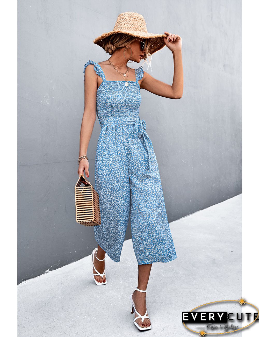 Light Blue Floral Print Pocket Wide Leg Jumpsuit