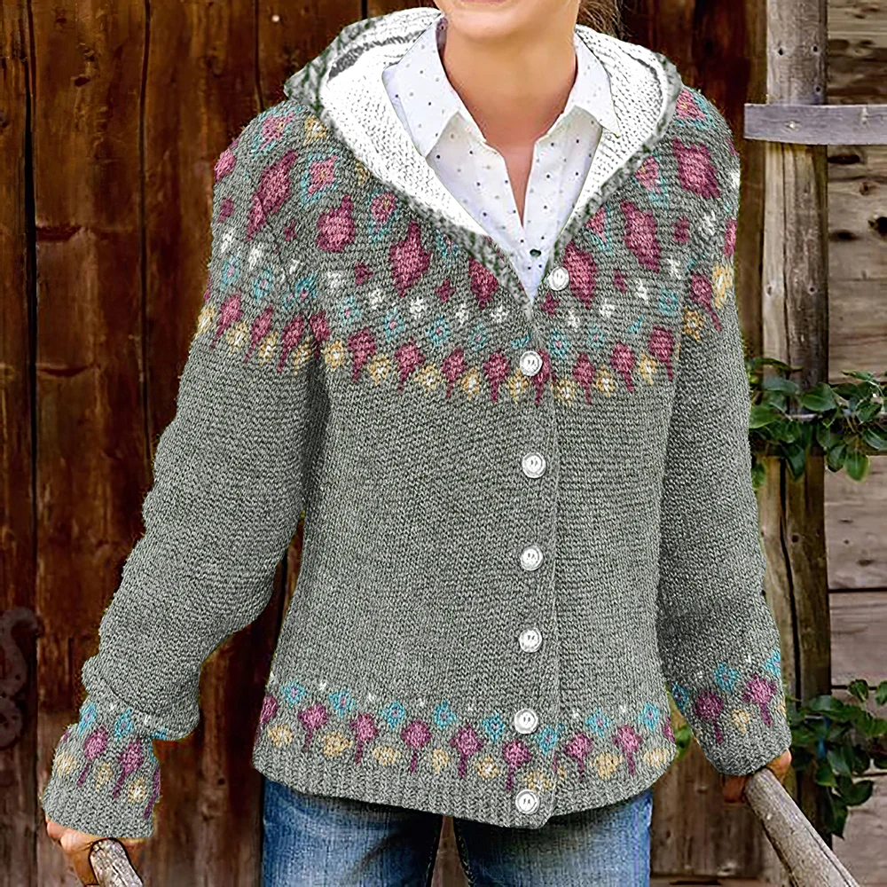 Fairman Island Geometric Contrast Print Button Knit Cardigan