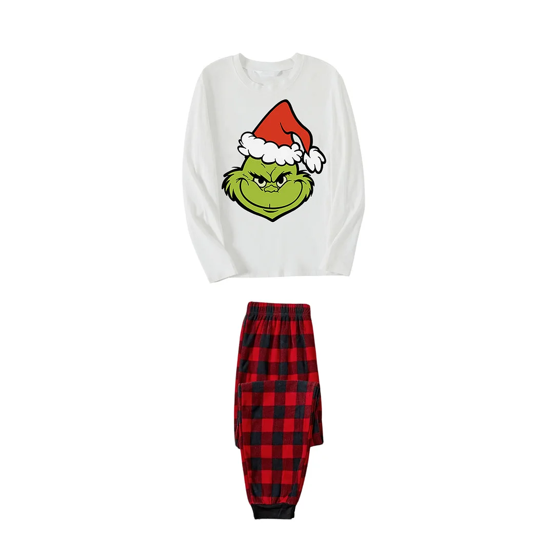 2024 Smile Green Elf Cartoon Pattern Contrast White Long Sleeve with Classic Red and Black Plaid Pants Family Matching Pajamas