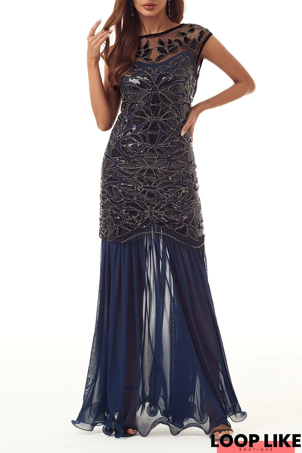 Elegant Formal Patchwork Sequins Beading Zipper O Neck Evening Dress Dresses