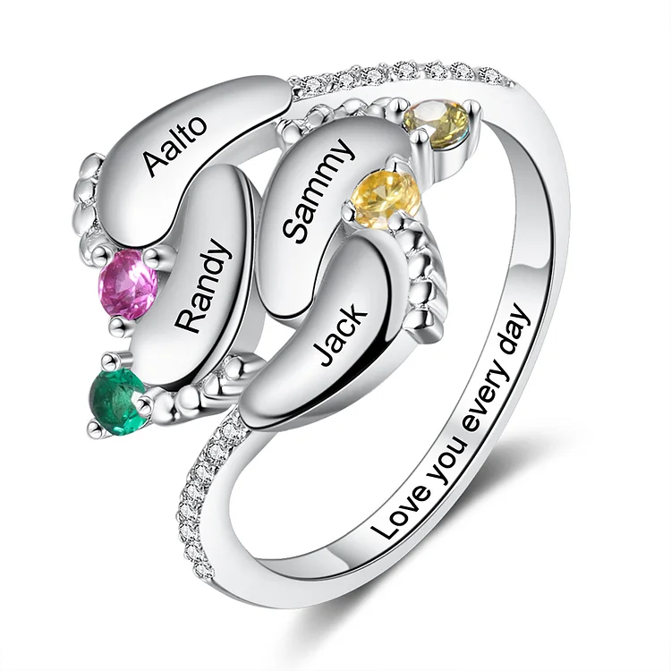 Personalized Baby Foot Ring With 4 Birthstones Engraved Names Ring Gift For Women