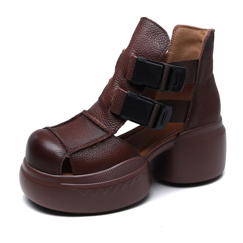 Yyvonne Thick-Soled Sandals Women's Head Cow Skin Retro Art Big Head Slope And Cool Slippers Tide Hollow Loose Cake Shoes