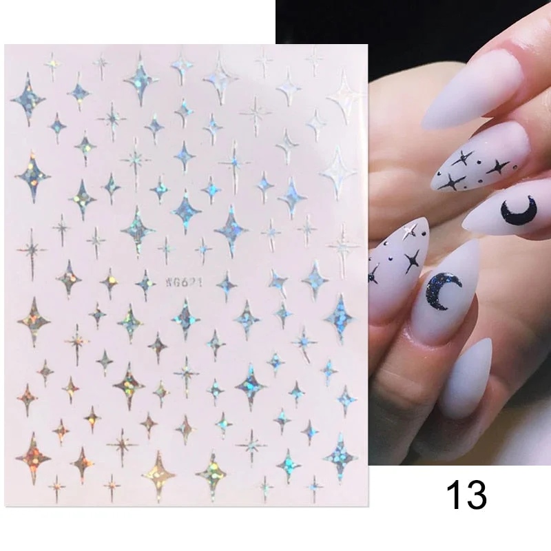 1PC 3D Nail Stickers Black Glitter Silver Star Self-Adhesive Slider Letters Nail Art Decorations Decals Manicure Accessories-Nail Inspo