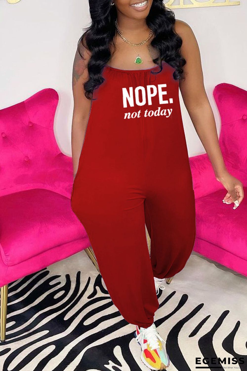 Red Casual Print Patchwork Spaghetti Strap Loose Jumpsuits | EGEMISS