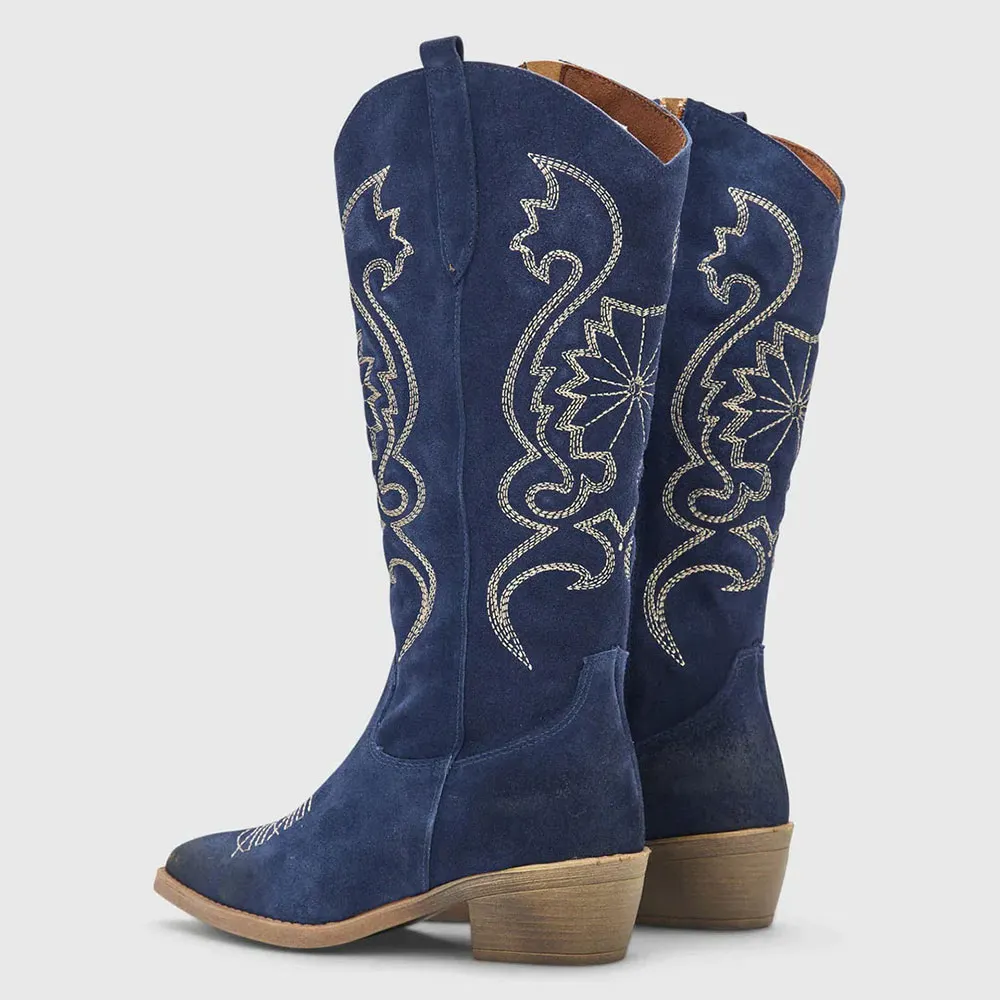 Blue Vegan Suede Embroidered Chunky Heel Cowgirl Knee High Boots