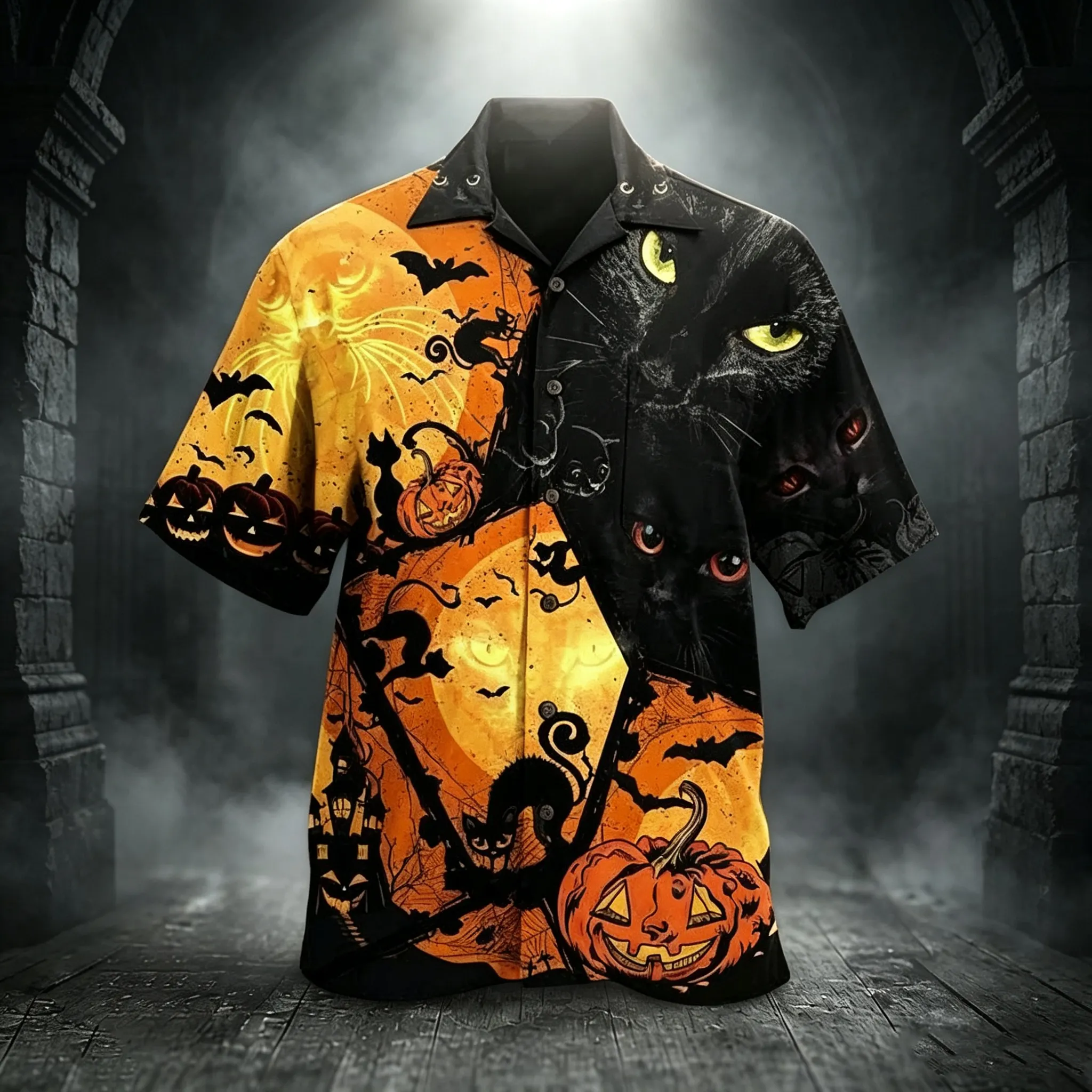 Men's Retro Halloween Black Cat Pumpkin Bat Print Short-sleeve Shirt artswardrobe
