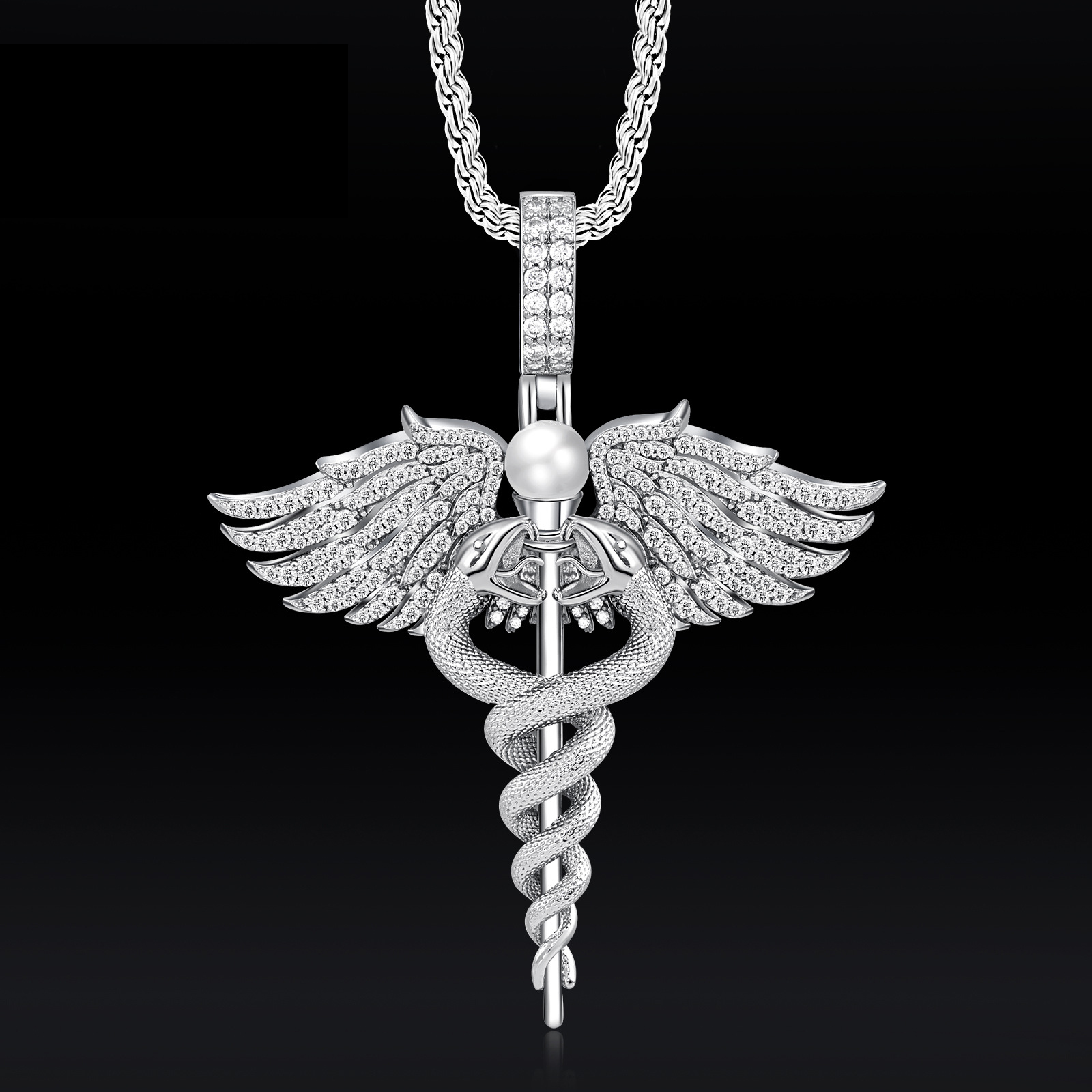 Double Snake Inspired Scepter Stainless Steel Pendant Necklace