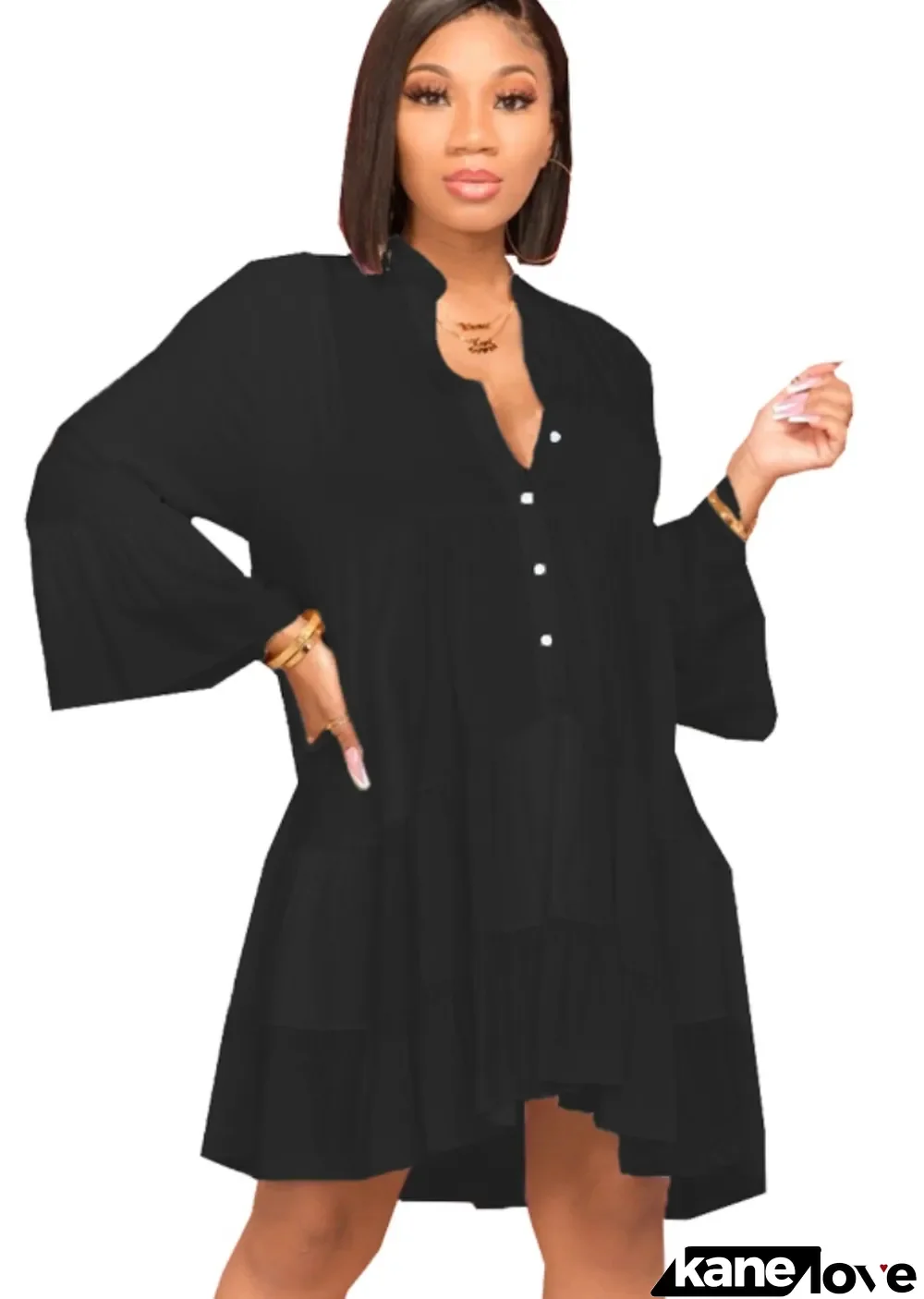 Spring Black V-Neck Ruffles Casual Blouse Dress