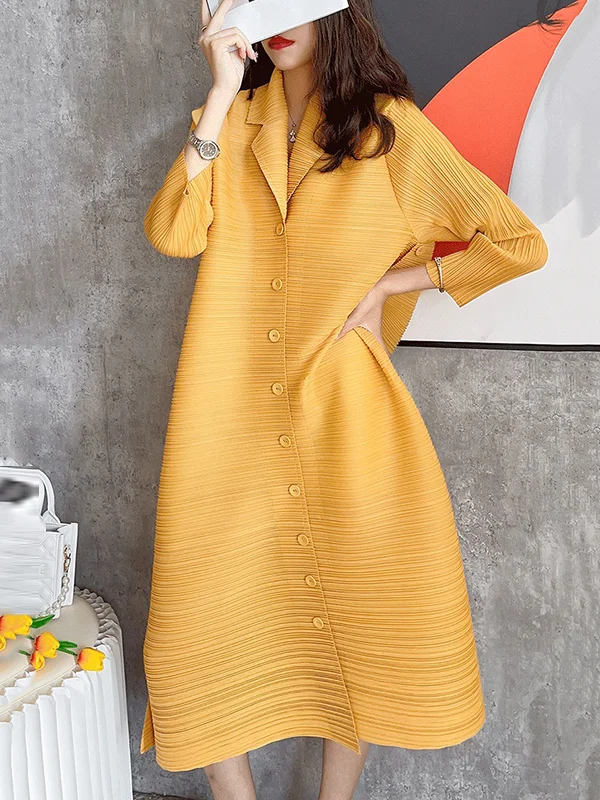 Fashion Solid Color Pleated Long Sleeves Shirt Dress Midi Dress
