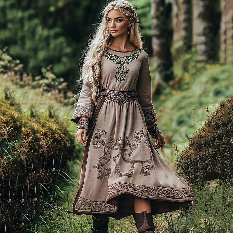 Vintage Viking Celtic Tree Of Life Basic Linen Crew Neck Dress