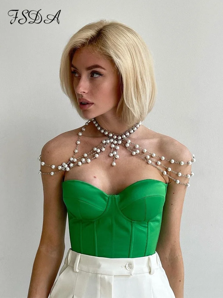 2022 Satin Corset Crop Top Strapless Green Summer Sexy Tube Off Shoulder Party Sleeveless Bustier Tank Tops Women