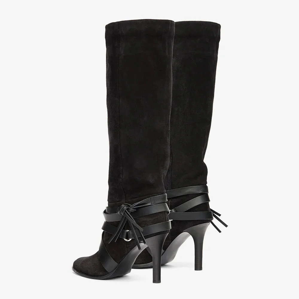 Black Pointed Toe Stiletto Heel Cross Strap Knee High Boots with Ring