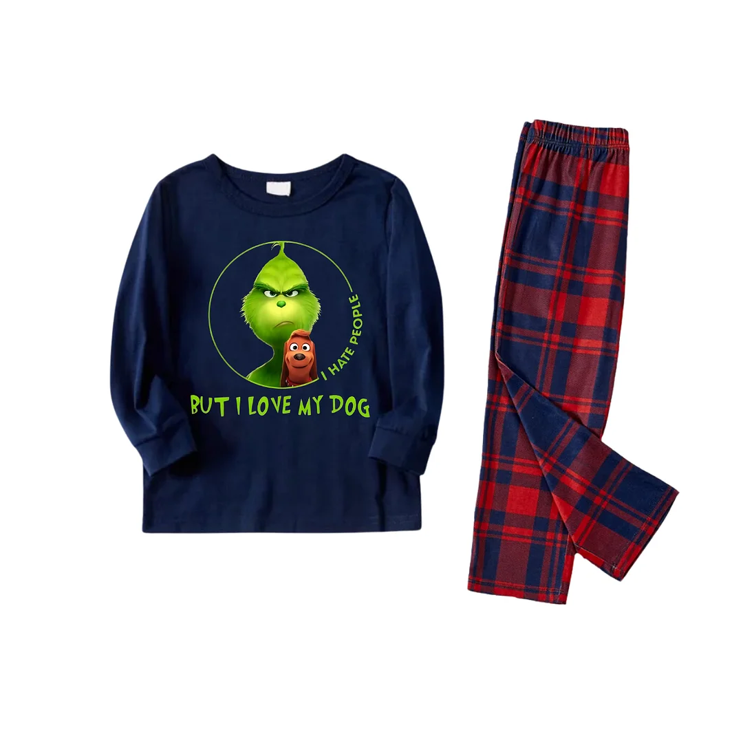 'I Hate People But I love My Dog' Text With Green Cartoon Characters and Dog Pattern Blue Top Red&Blue Plaid Pants Family Matching Pajamas