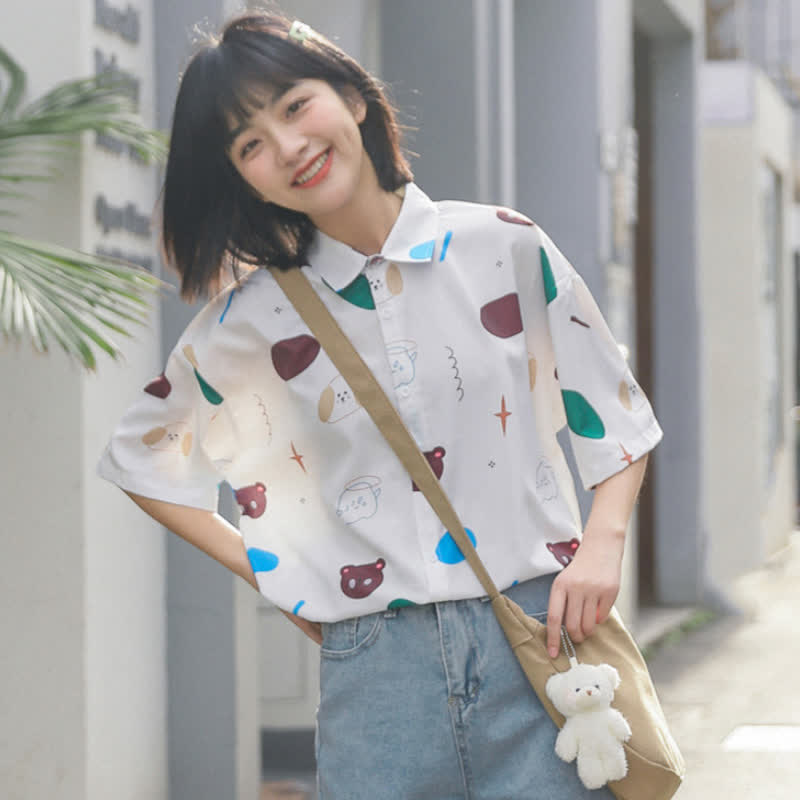 Cartoon Bear Print Lapel Casual T-Shirt