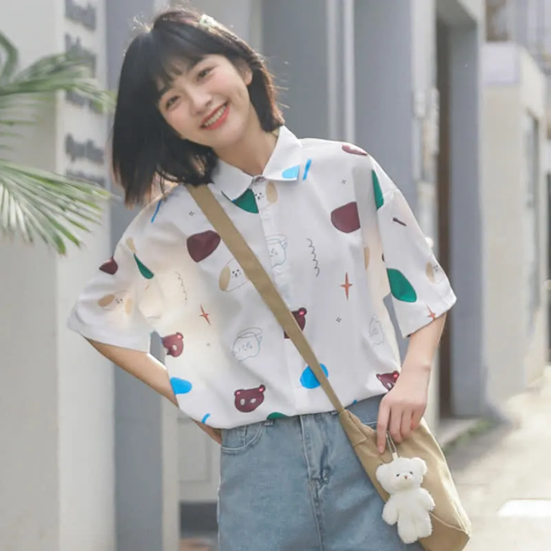 Cartoon Bear Print Lapel Casual T-Shirt