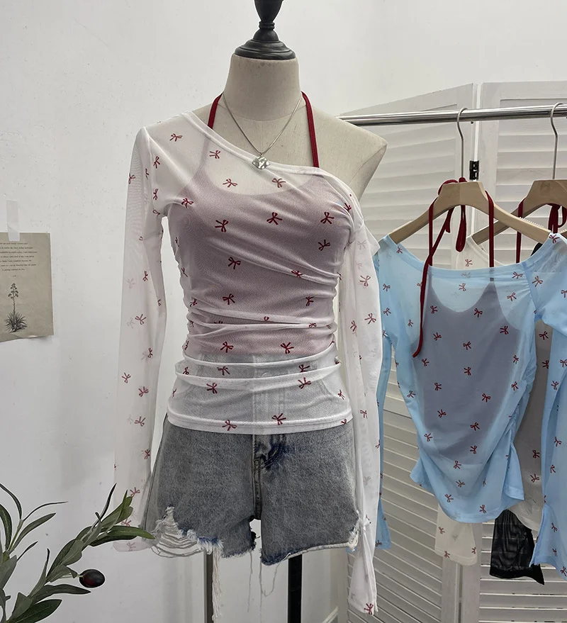 Uveng Fake Two Hanging Neck Sling Long-Sleeved T-Shirt Two Sets Of Thin Outer Sunshield Shirt Short Oblique Shoulder Coat 8861