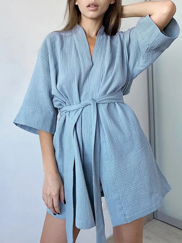 Roomy Three-Quarter Sleeves Ribbed Pure Color V-Neck Pajamas Robes