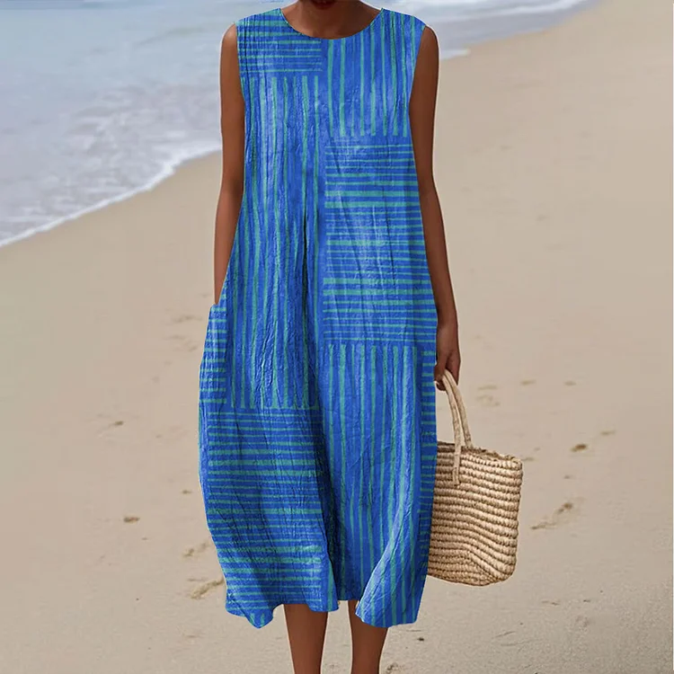 Women's Vintage Colorblock Striped Art Print Sleeveless Cotton Pocket Wrap Dress