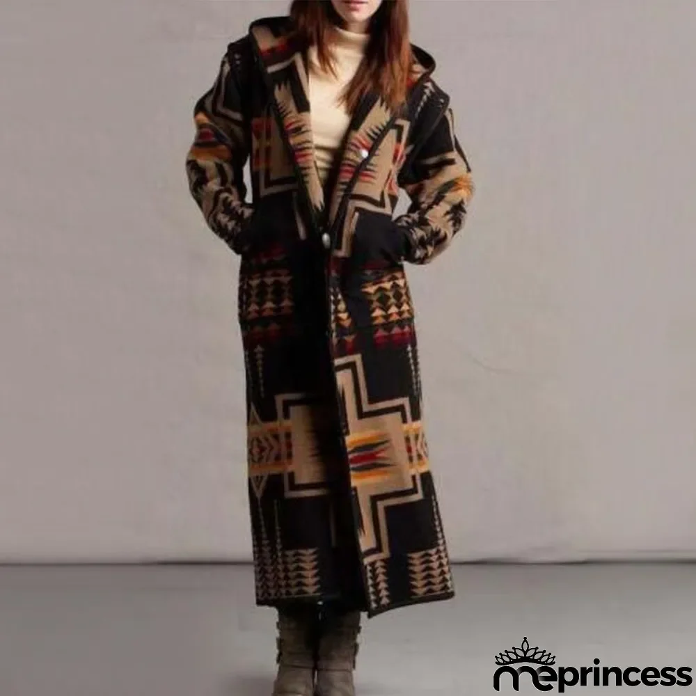 Women Fashion Print Hooded Loose Coat