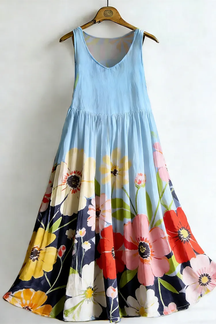Women's Vintage Floral Colorblock Sleeveless Cotton Dress