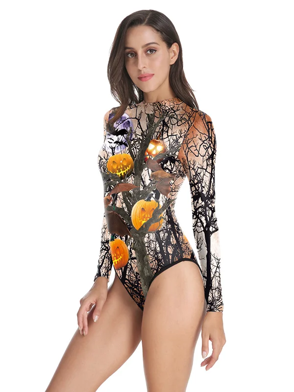 Halloween Pumpkin-Print Long-Sleeves Wetsuit