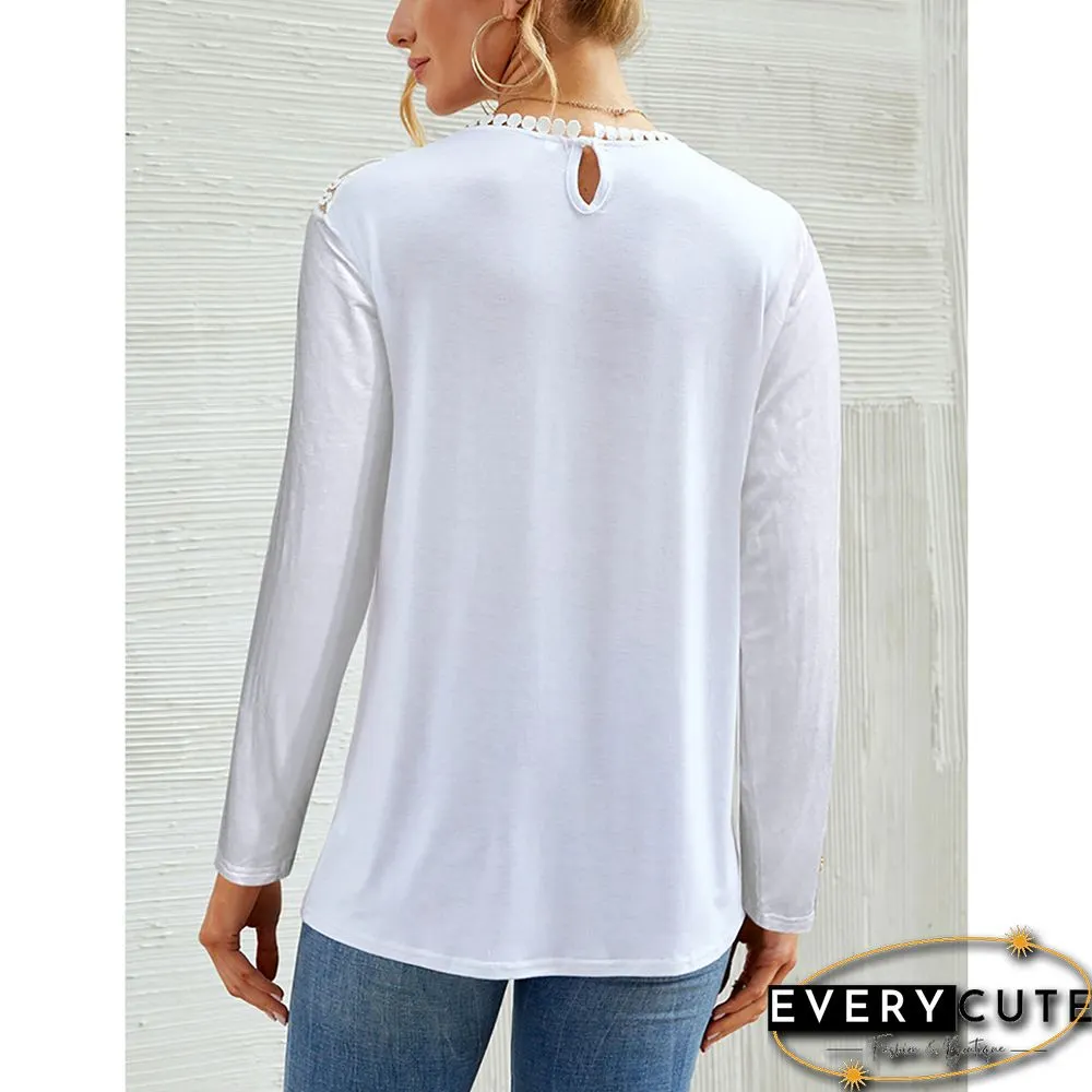 White Splice Lace O-neck Long Sleeve Tops