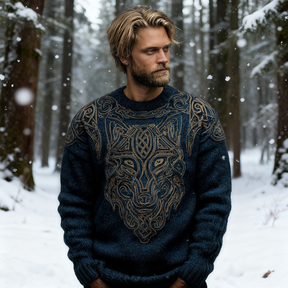 Men's Viking Inspired Celtic Wolf Pattern Knit Cozy Sweater elevenforest