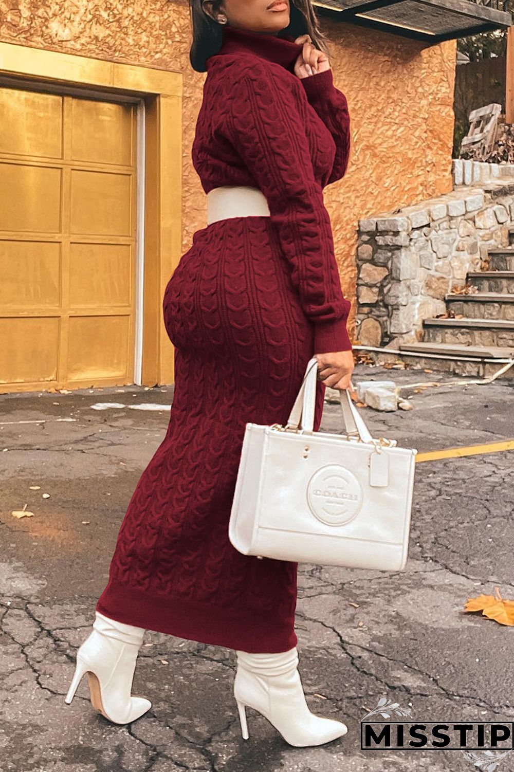 Light Brown Casual Solid Patchwork Turtleneck Straight Dresses(Without Belt)